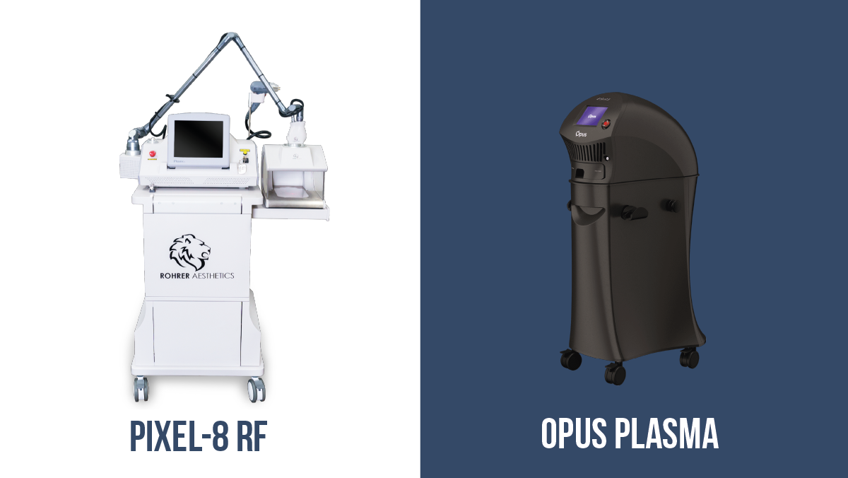 Pixel8 RF vs Opus Plasma devices shown side by side for skin treatment comparison