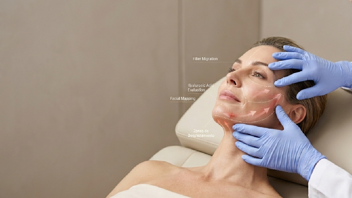 Hyaluronic acid filler migration concept with clinician hands assessing facial areas during consultation.
